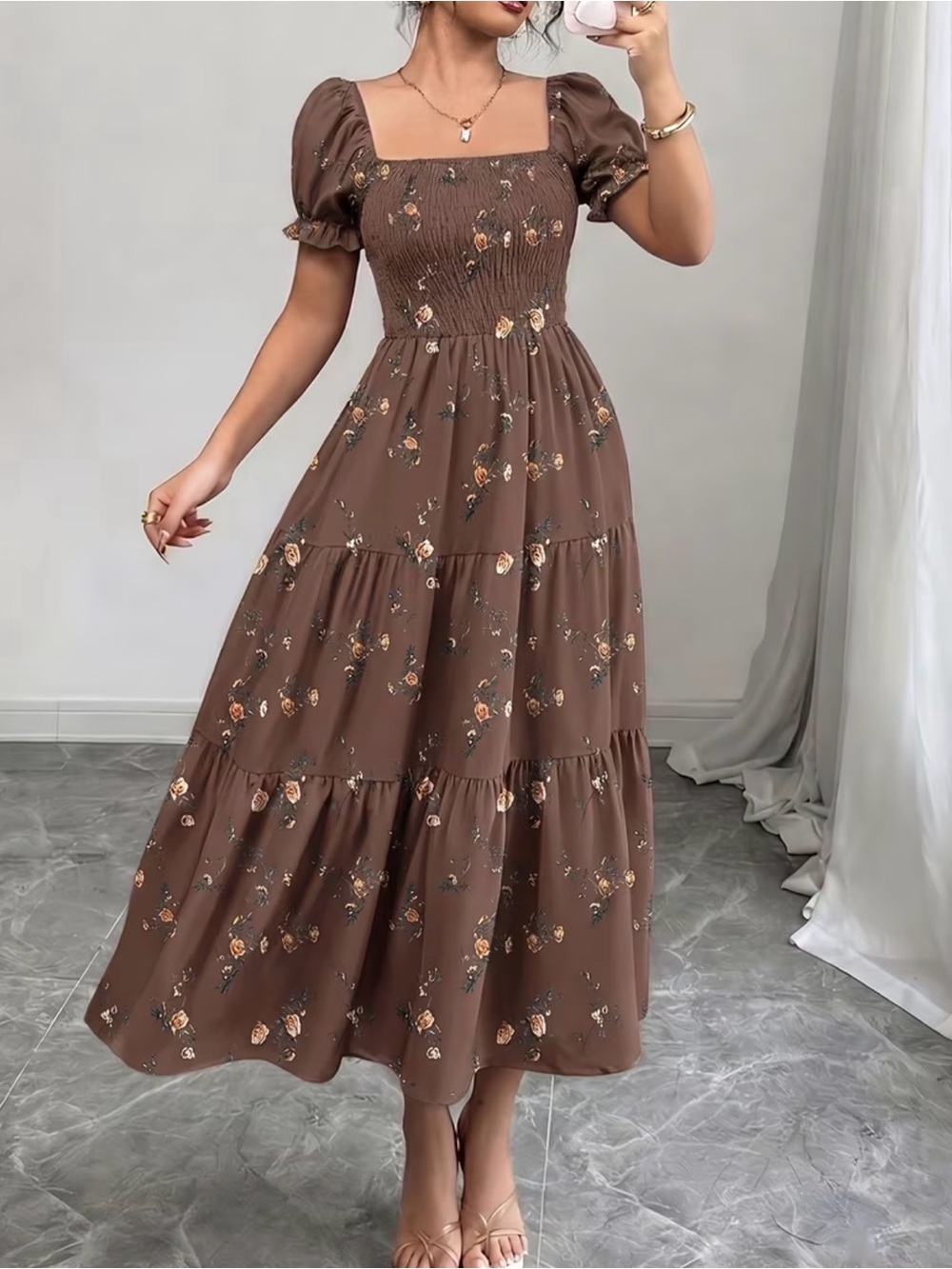 Brown Floral Square-Neck Tiered Maxi Dress